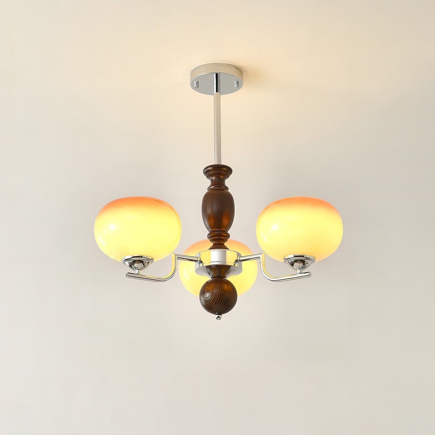 Amber Glass Multi-Arm Chandelier with Walnut Accents