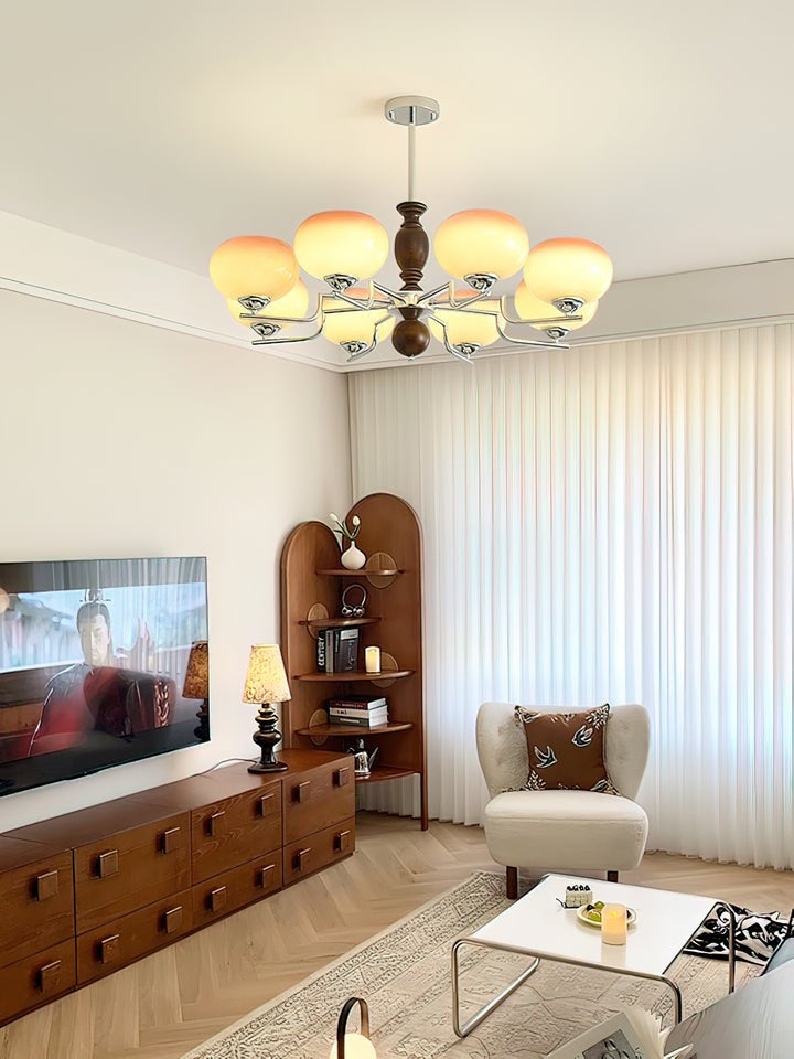 Amber Glass Multi-Arm Chandelier with Walnut Accents