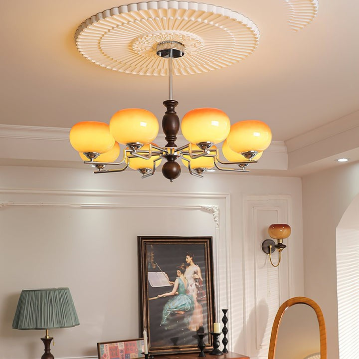 Amber Glass Multi-Arm Chandelier with Walnut Accents