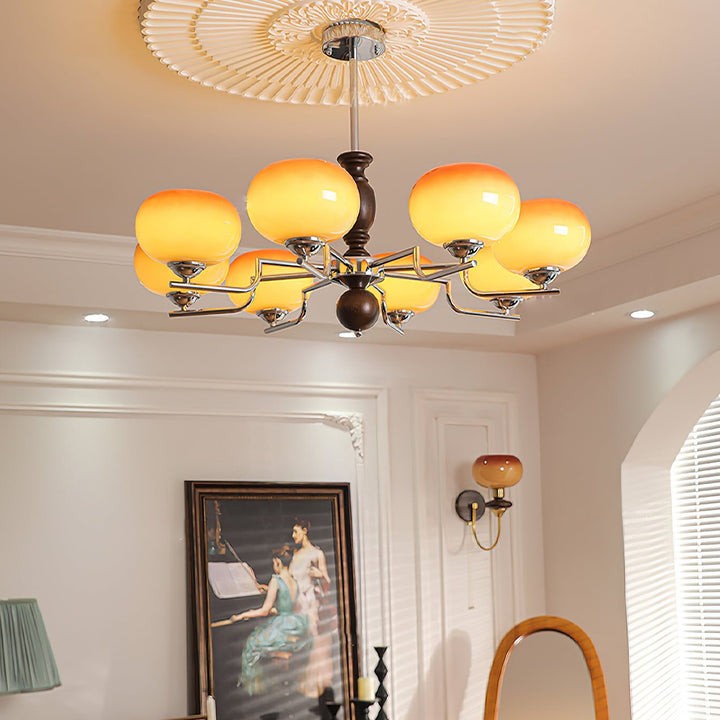 Amber Glass Multi-Arm Chandelier with Walnut Accents