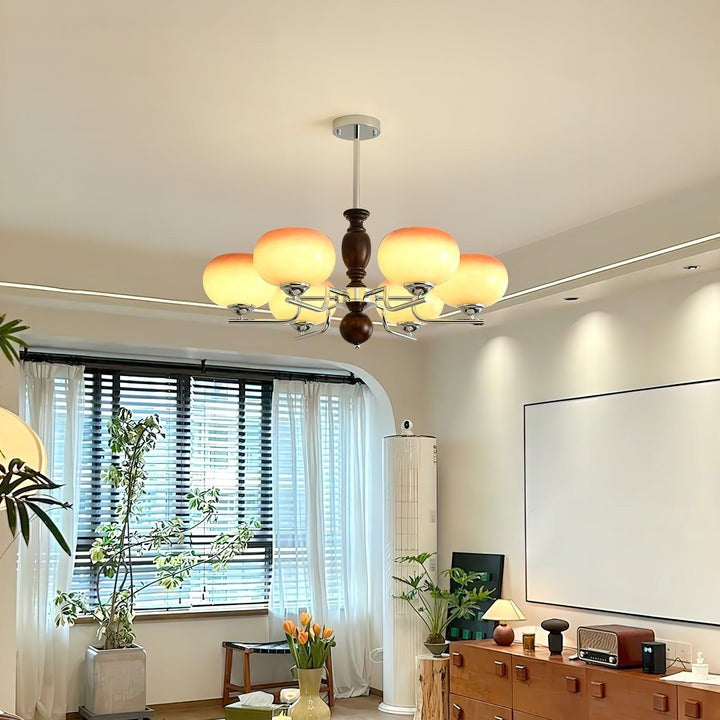 Amber Glass Multi-Arm Chandelier with Walnut Accents