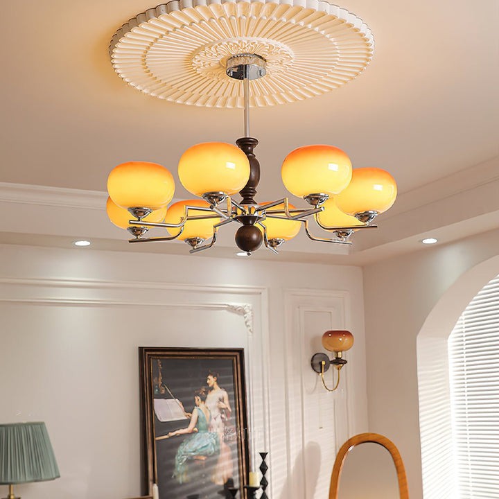 Amber Glass Multi-Arm Chandelier with Walnut Accents