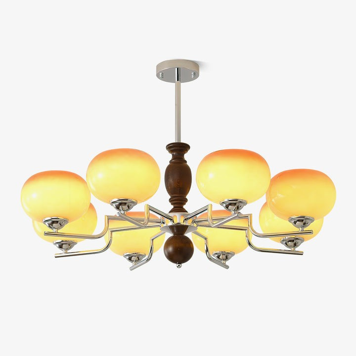 Amber Glass Multi-Arm Chandelier with Walnut Accents