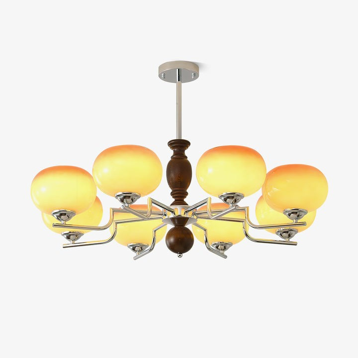 Amber Glass Multi-Arm Chandelier with Walnut Accents