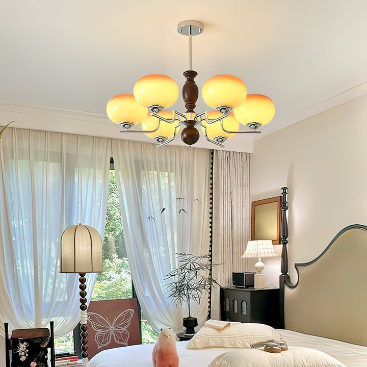 Amber Glass Multi-Arm Chandelier with Walnut Accents