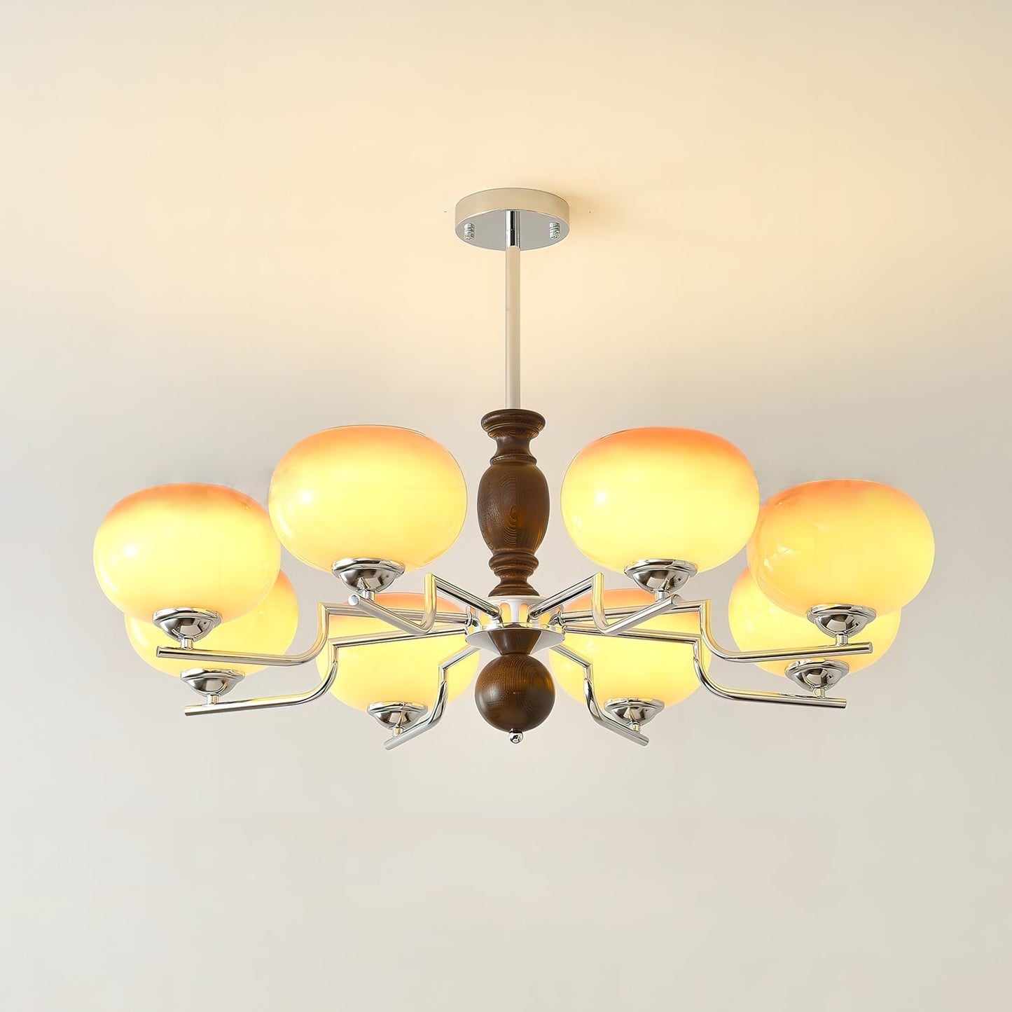 Amber Glass Multi-Arm Chandelier with Walnut Accents