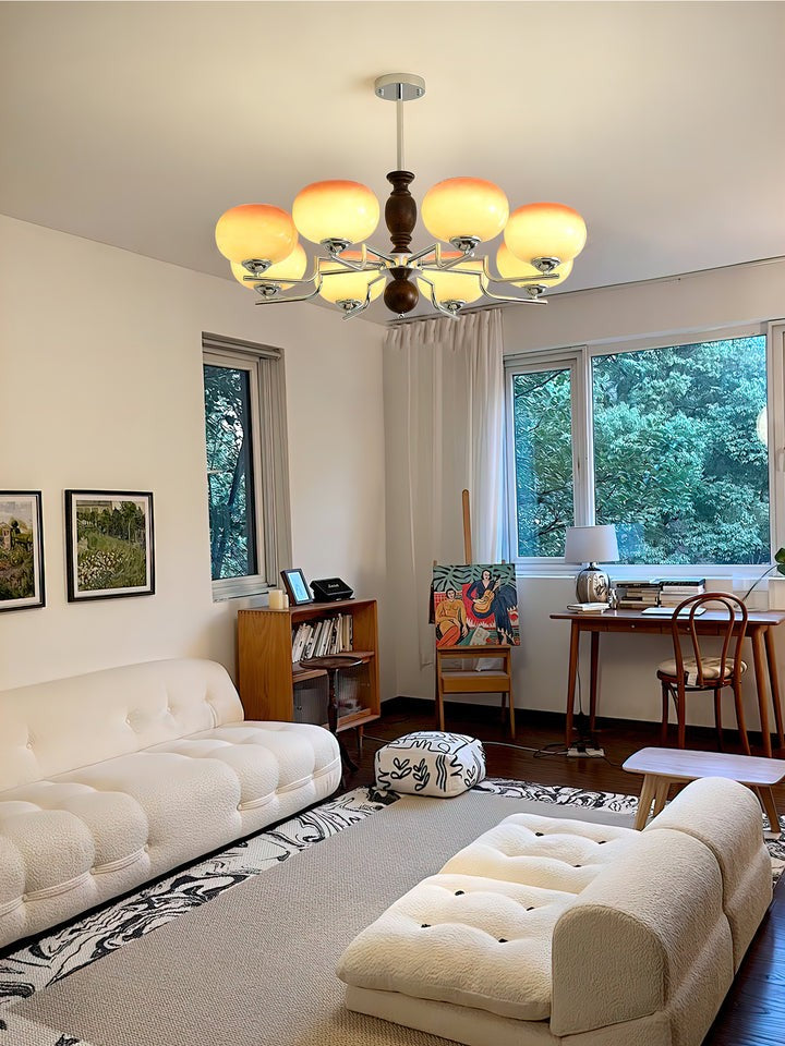 Amber Glass Multi-Arm Chandelier with Walnut Accents