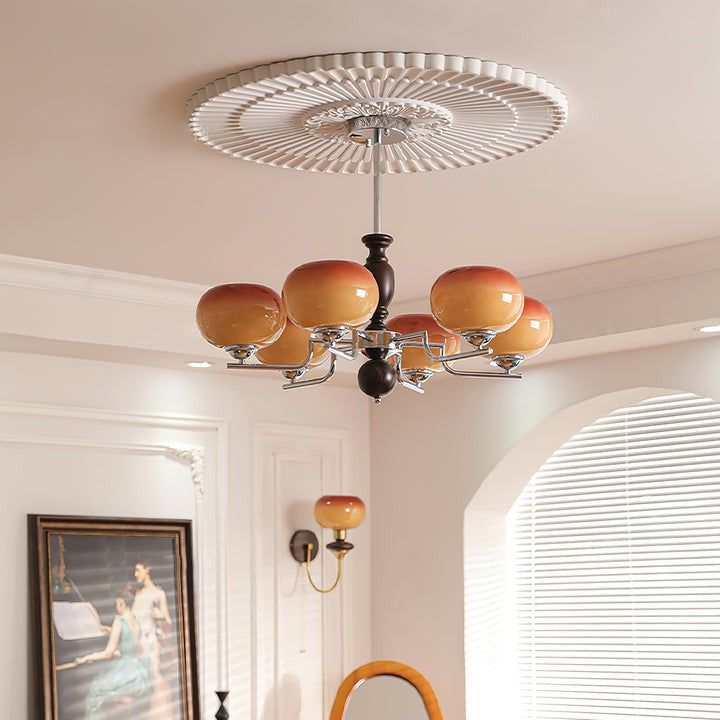 Amber Glass Multi-Arm Chandelier with Walnut Accents