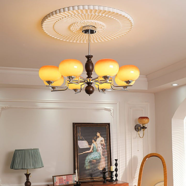 Amber Glass Multi-Arm Chandelier with Walnut Accents