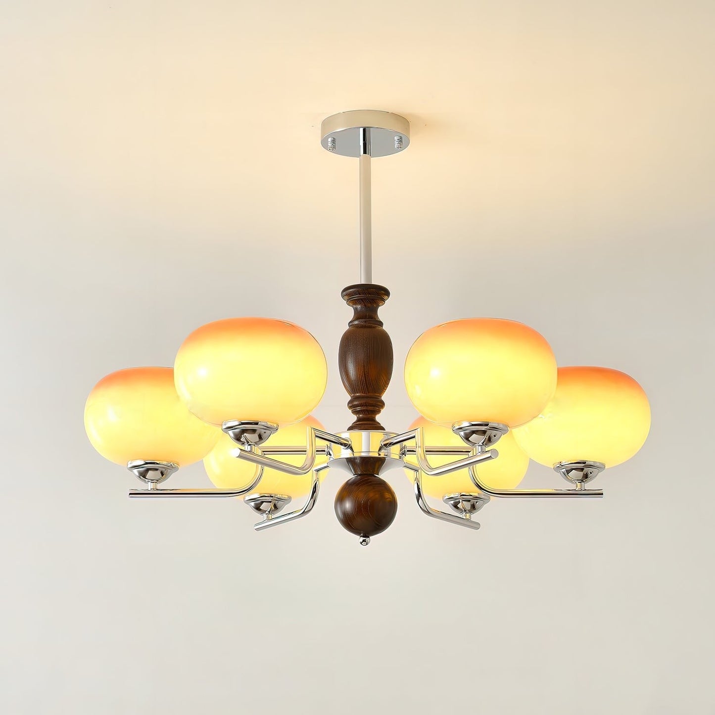 Amber Glass Multi-Arm Chandelier with Walnut Accents