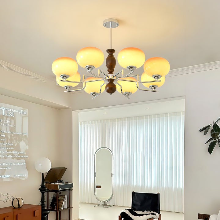 Amber Glass Multi-Arm Chandelier with Walnut Accents
