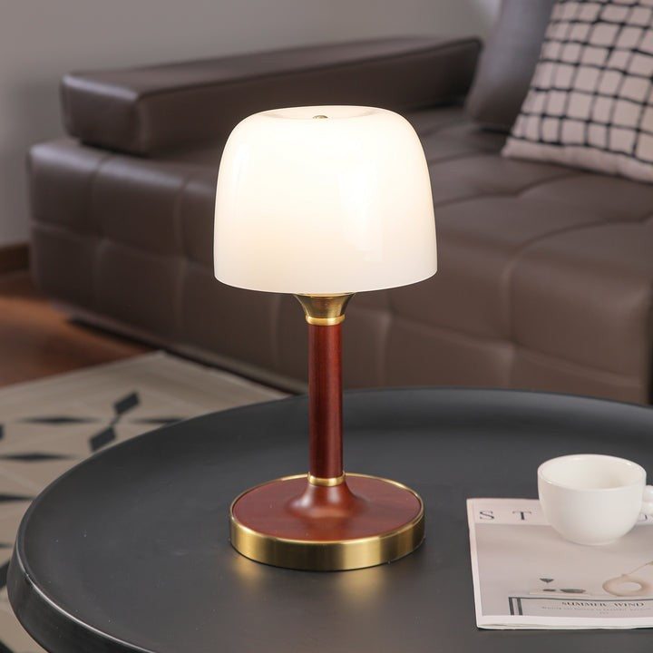 Amber Glass Table Lamp with Walnut Wood Base & Brass Finish