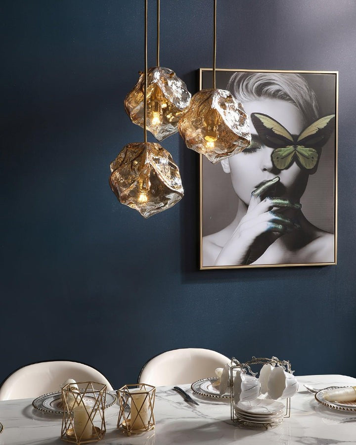 Amber Ice Glass Pendant Light with Brass Hardware