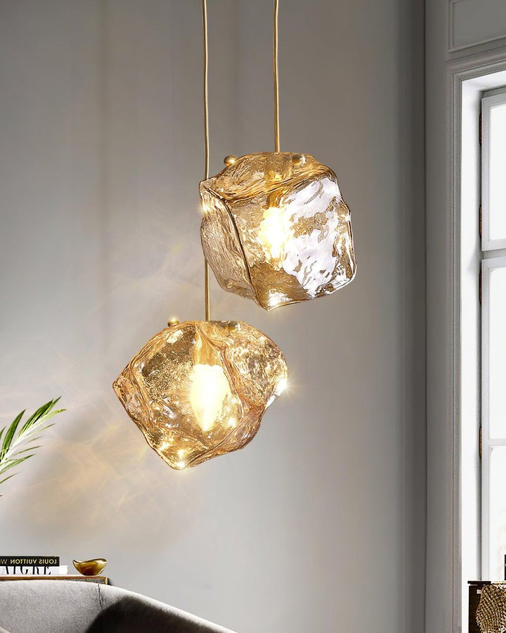 Amber Ice Glass Pendant Light with Brass Hardware
