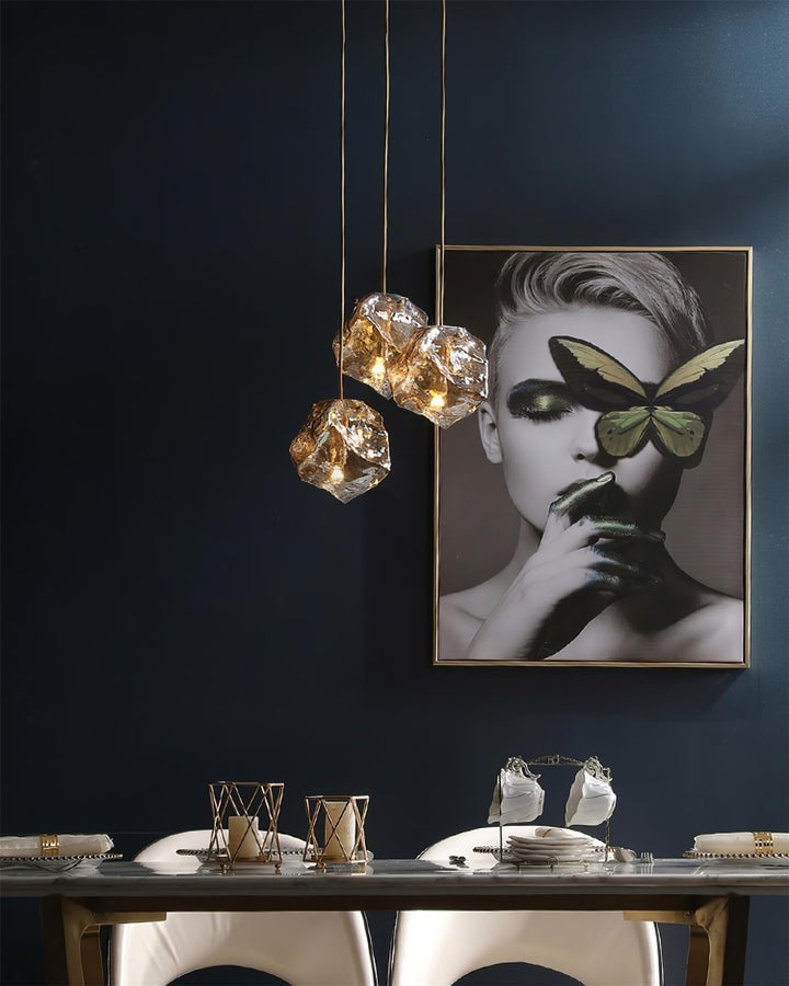 Amber Ice Glass Pendant Light with Brass Hardware