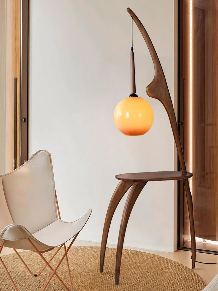 Arched Wooden Floor Lamp with Amber Glass Orb