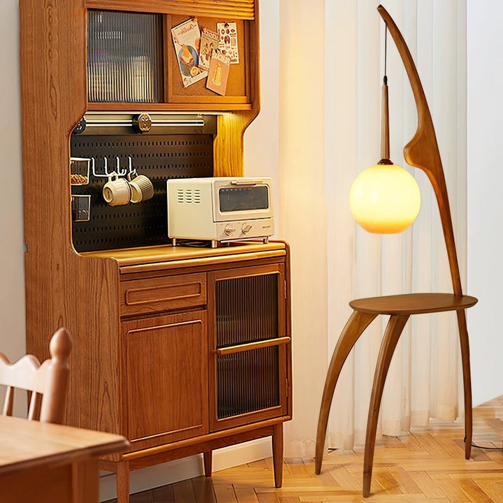 Arched Wooden Floor Lamp with Amber Glass Orb