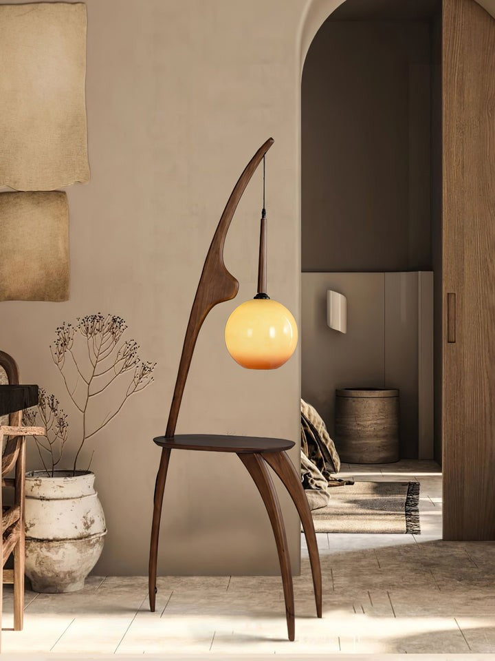 Arched Wooden Floor Lamp with Amber Glass Orb