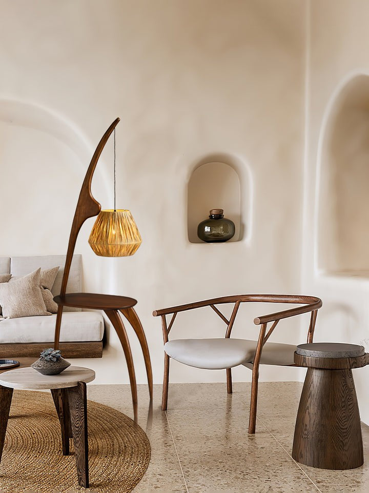 Arched Wooden Floor Lamp with Amber Glass Orb