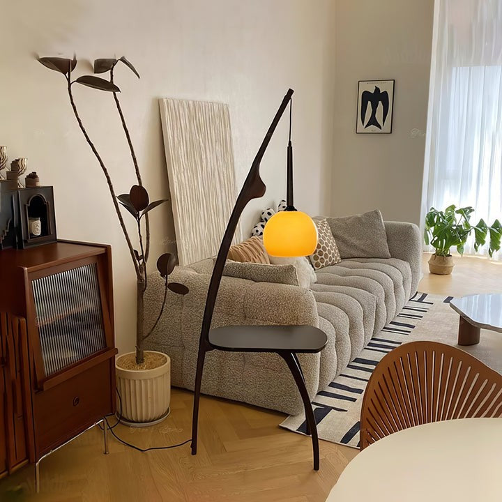 Arched Wooden Floor Lamp with Amber Glass Orb