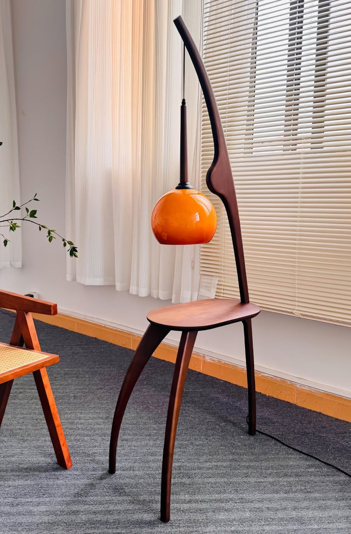 Arched Wooden Floor Lamp with Amber Glass Orb