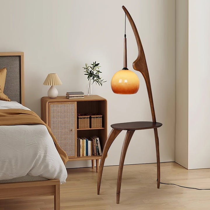 Arched Wooden Floor Lamp with Amber Glass Orb