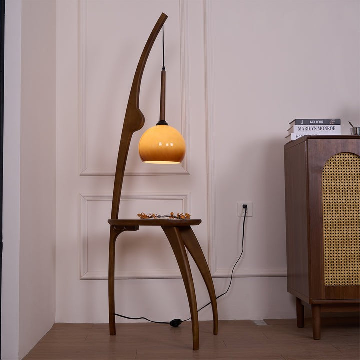 Arched Wooden Floor Lamp with Amber Glass Orb