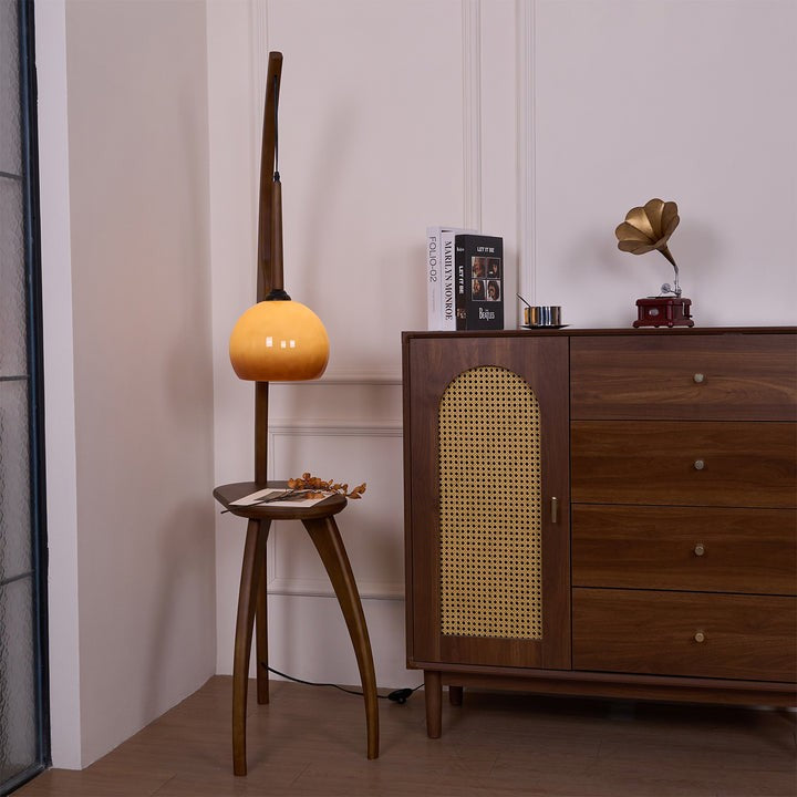 Arched Wooden Floor Lamp with Amber Glass Orb
