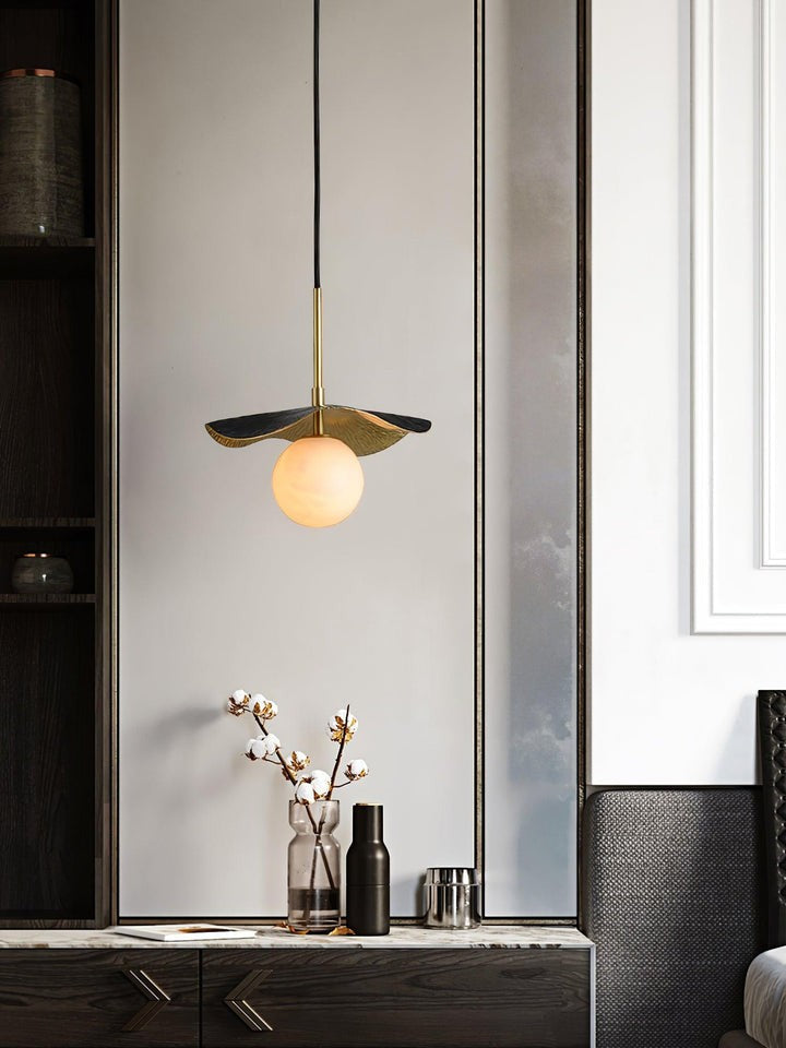 Biomorphic Alabaster & Brass Pendant Light