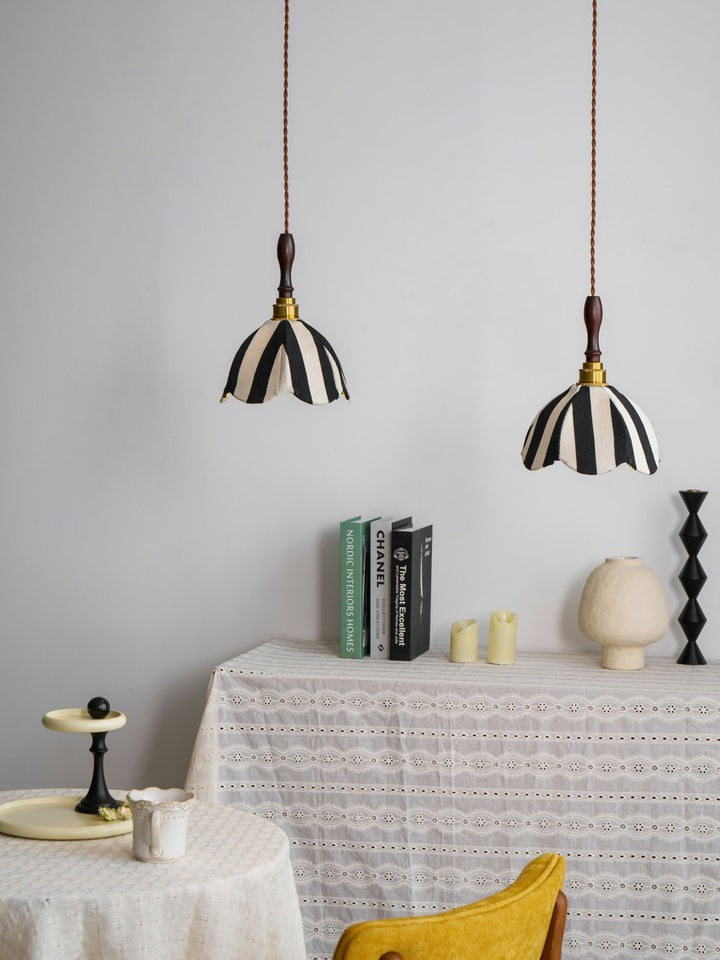 Black and Cream Striped Scalloped Pendant Light