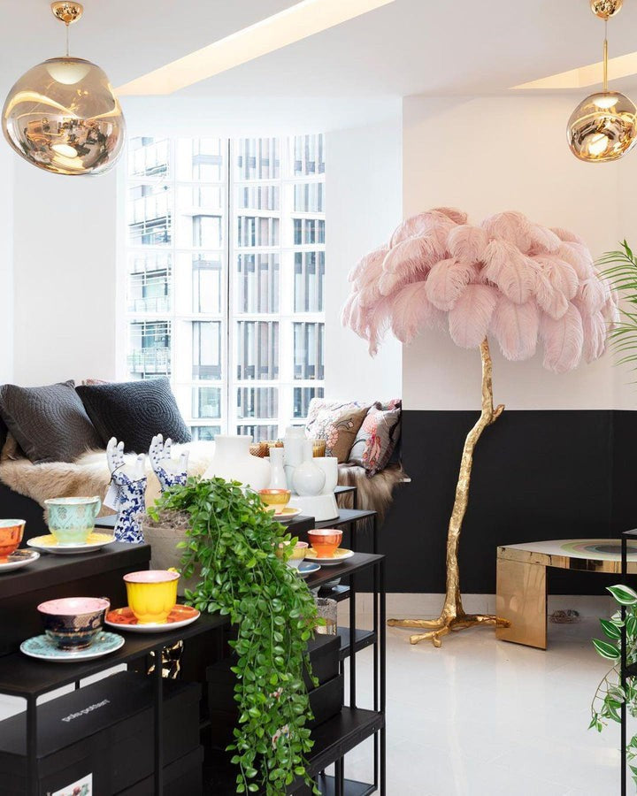 Brass and Ostrich Feather Luxury Floor Lamp