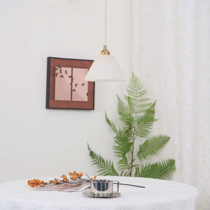Brass Conical Pendant Light with Alabaster Shade