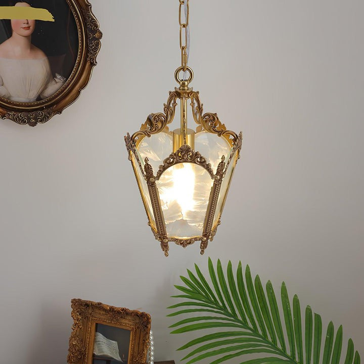 Brass Empire-Style Pendant Light with Frosted Glass