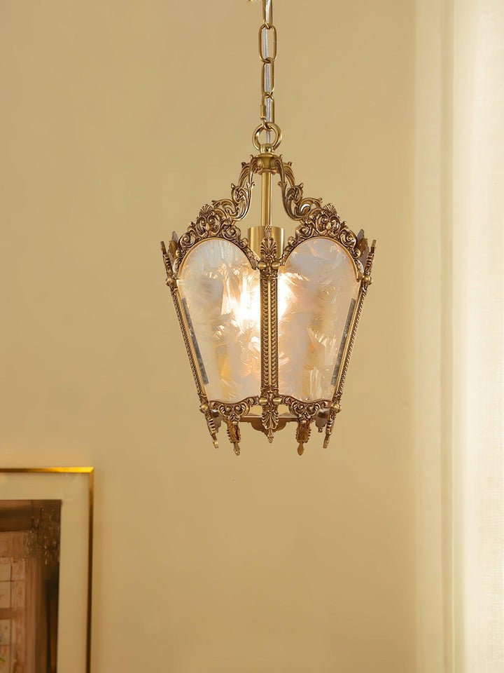 Brass Empire-Style Pendant Light with Frosted Glass