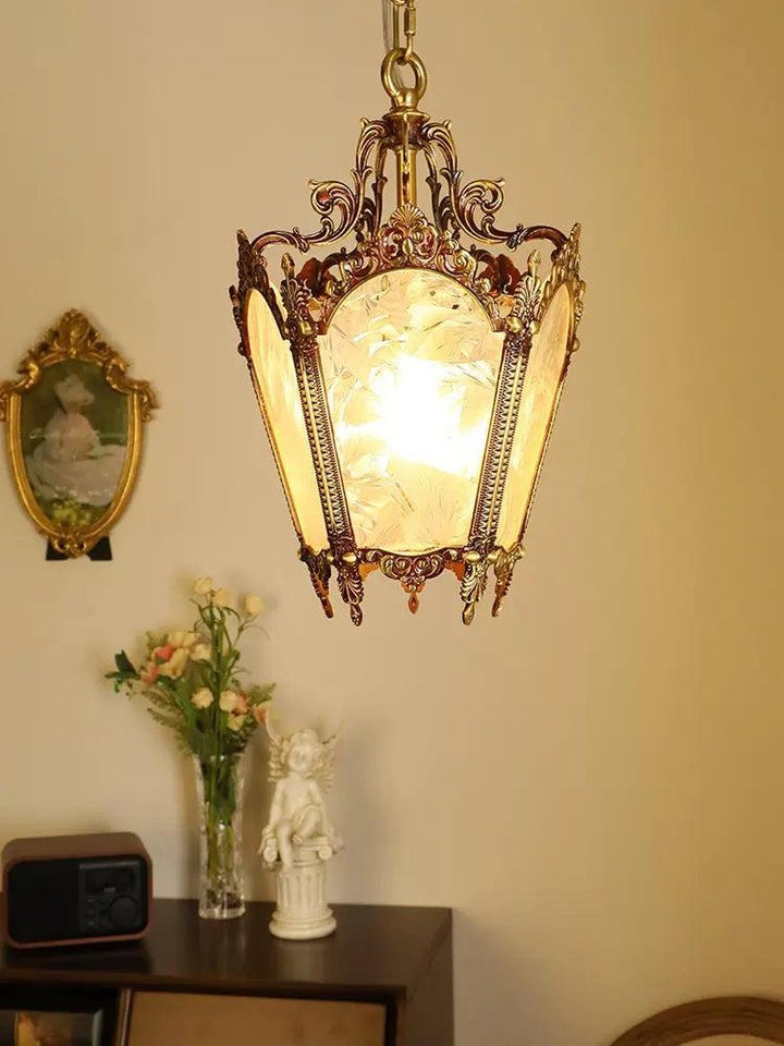 Brass Empire-Style Pendant Light with Frosted Glass