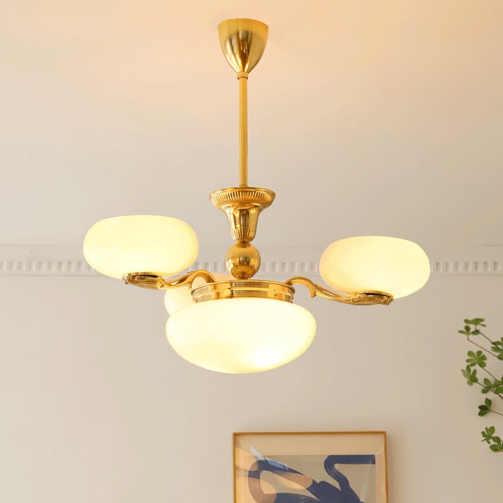Brass Orb Chandelier with Beige Glass Shades