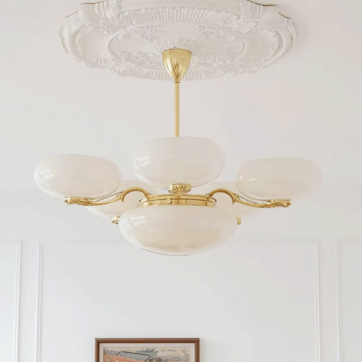 Brass Orb Chandelier with Beige Glass Shades