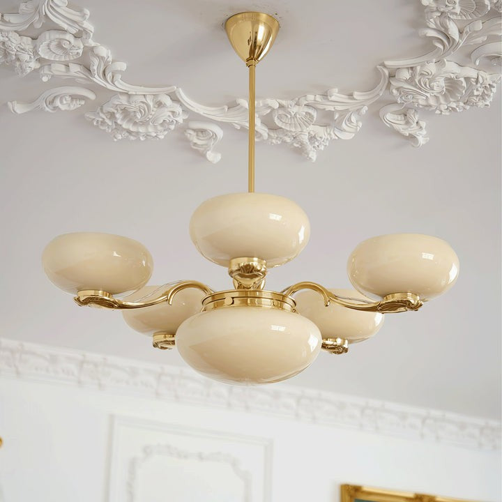 Brass Orb Chandelier with Beige Glass Shades