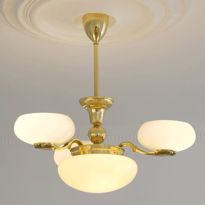 Brass Orb Chandelier with Beige Glass Shades