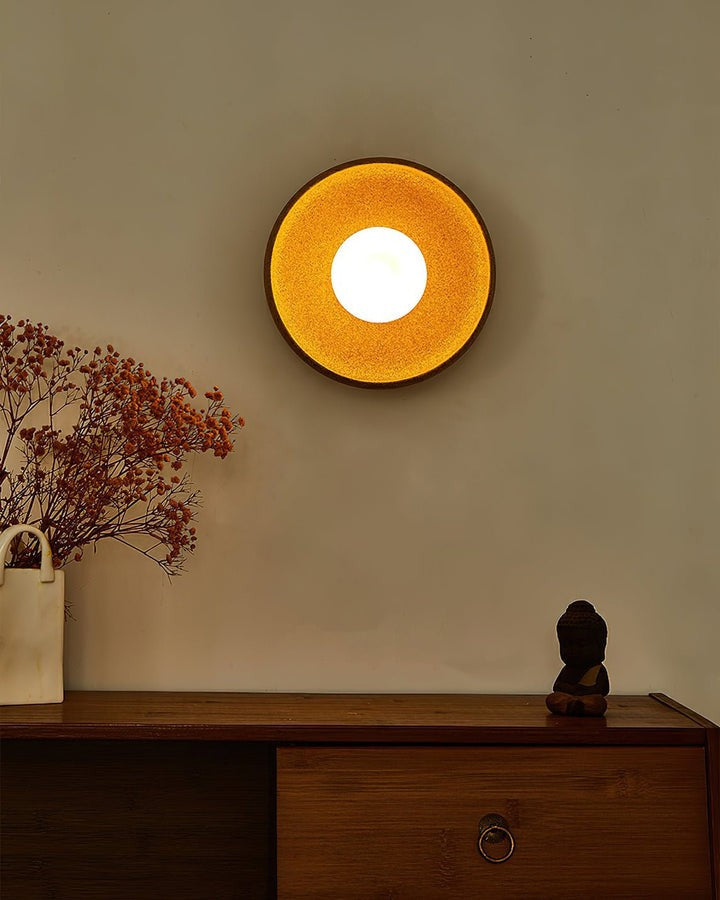 Brown Ceramic Round Wall Sconce with White Glass Globe