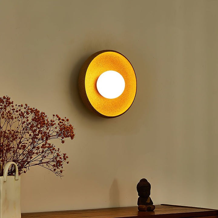Brown Ceramic Round Wall Sconce with White Glass Globe