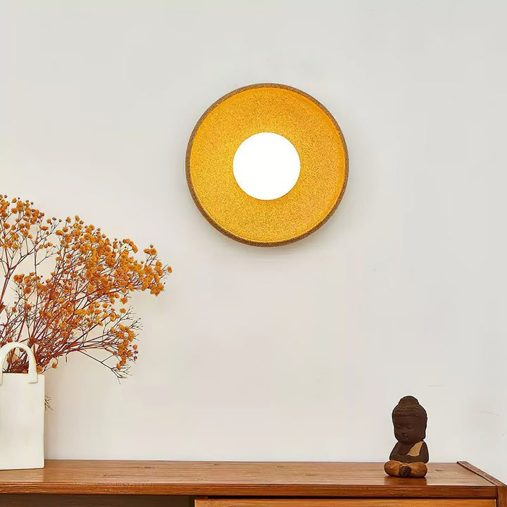 Brown Ceramic Round Wall Sconce with White Glass Globe