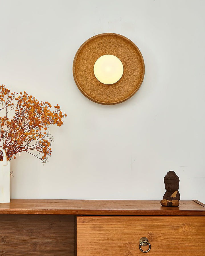 Brown Ceramic Round Wall Sconce with White Glass Globe