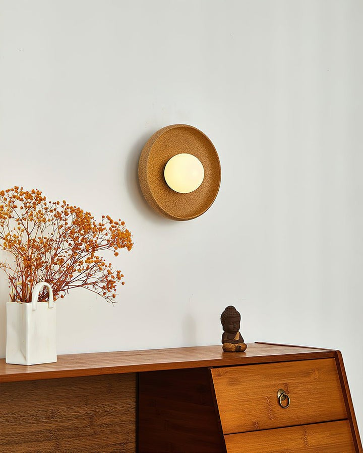Brown Ceramic Round Wall Sconce with White Glass Globe