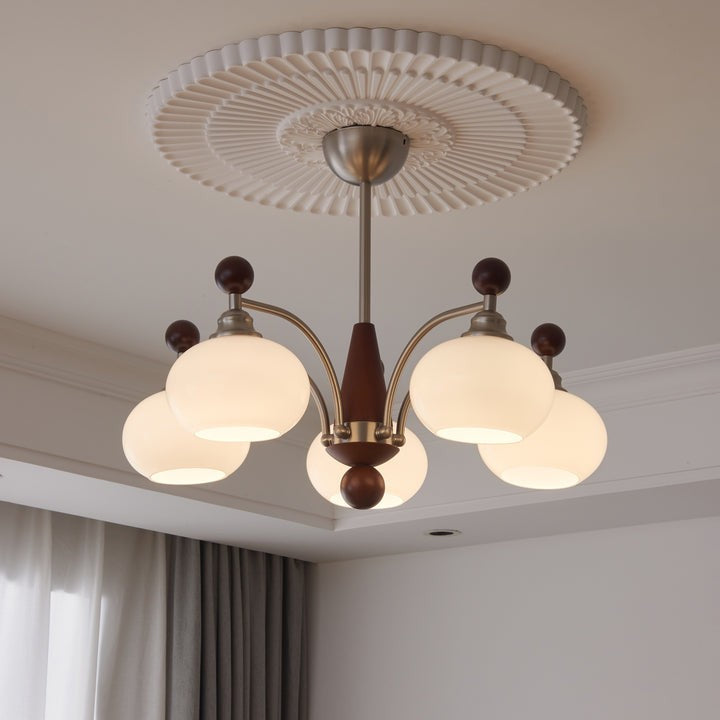 Celestial Walnut and Opal Globe Chandelier