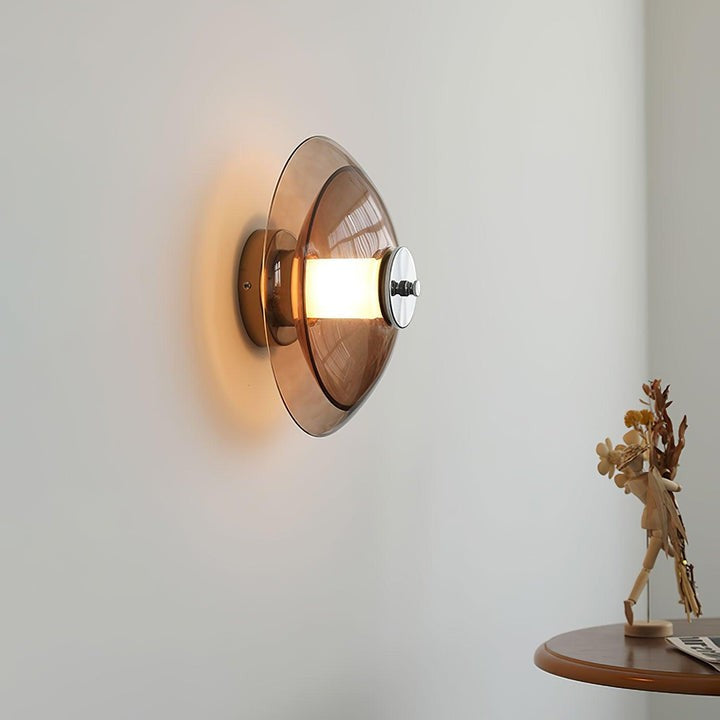 Chrome Saucer Wall Lamp with Amber Glass Shade