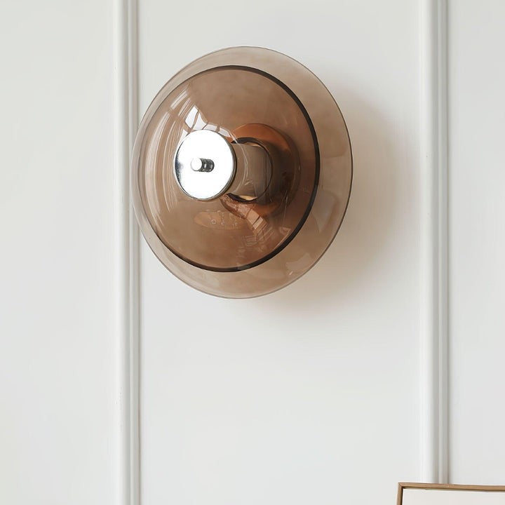 Chrome Saucer Wall Lamp with Amber Glass Shade