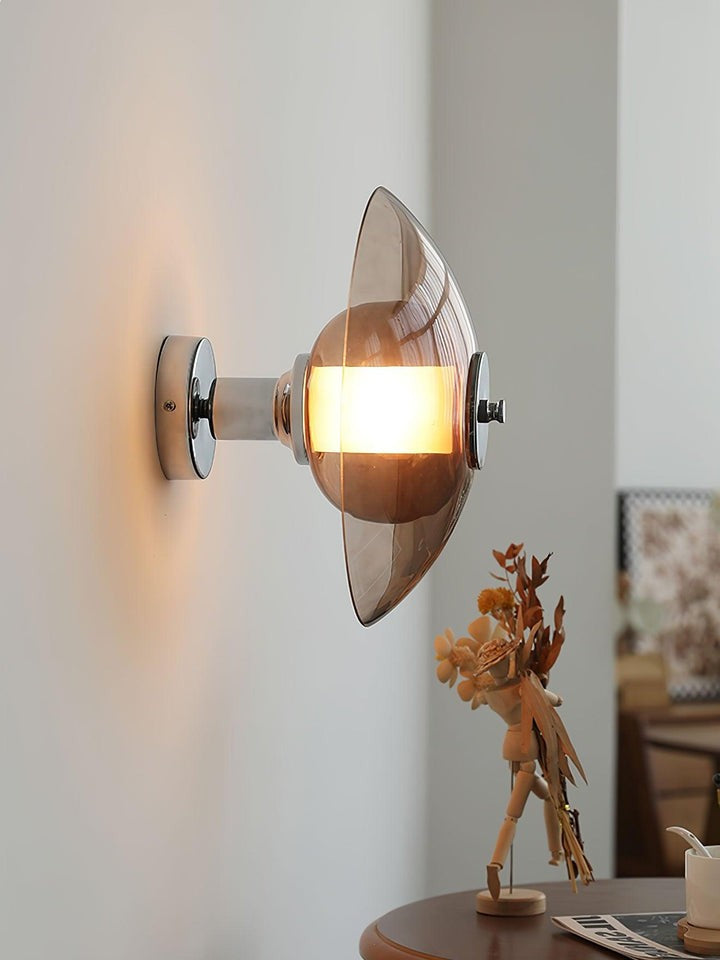 Chrome Saucer Wall Lamp with Amber Glass Shade