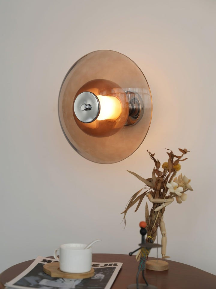 Chrome Saucer Wall Lamp with Amber Glass Shade