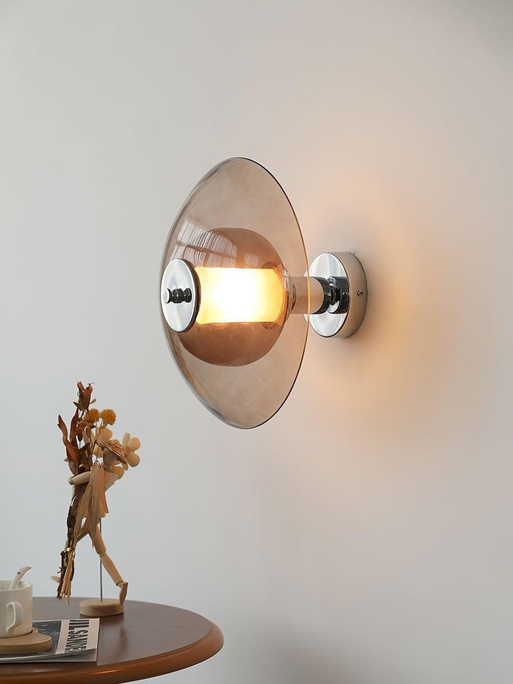 Chrome Saucer Wall Lamp with Amber Glass Shade